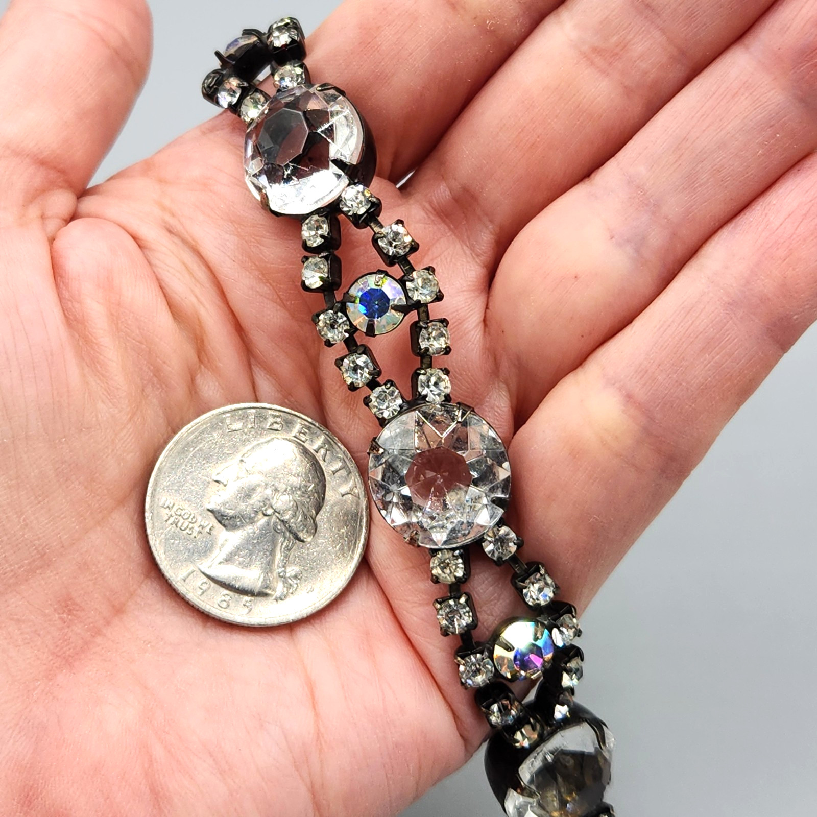 Vintage Unsigned Molded Glass and AB Chaton Rhinestone Japanned Bracelet 7”