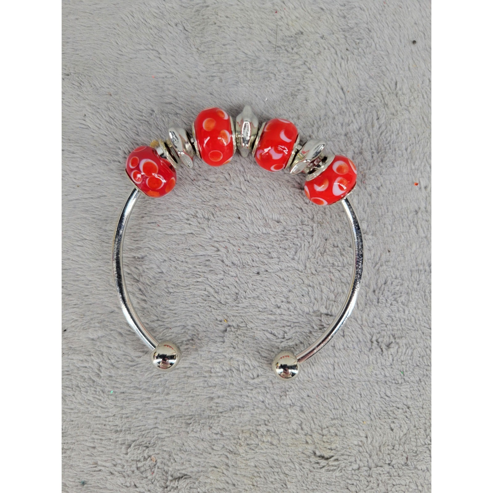 Silver Tone Cuff Bracelet Red Glass Beads Patterned Charm Bangle