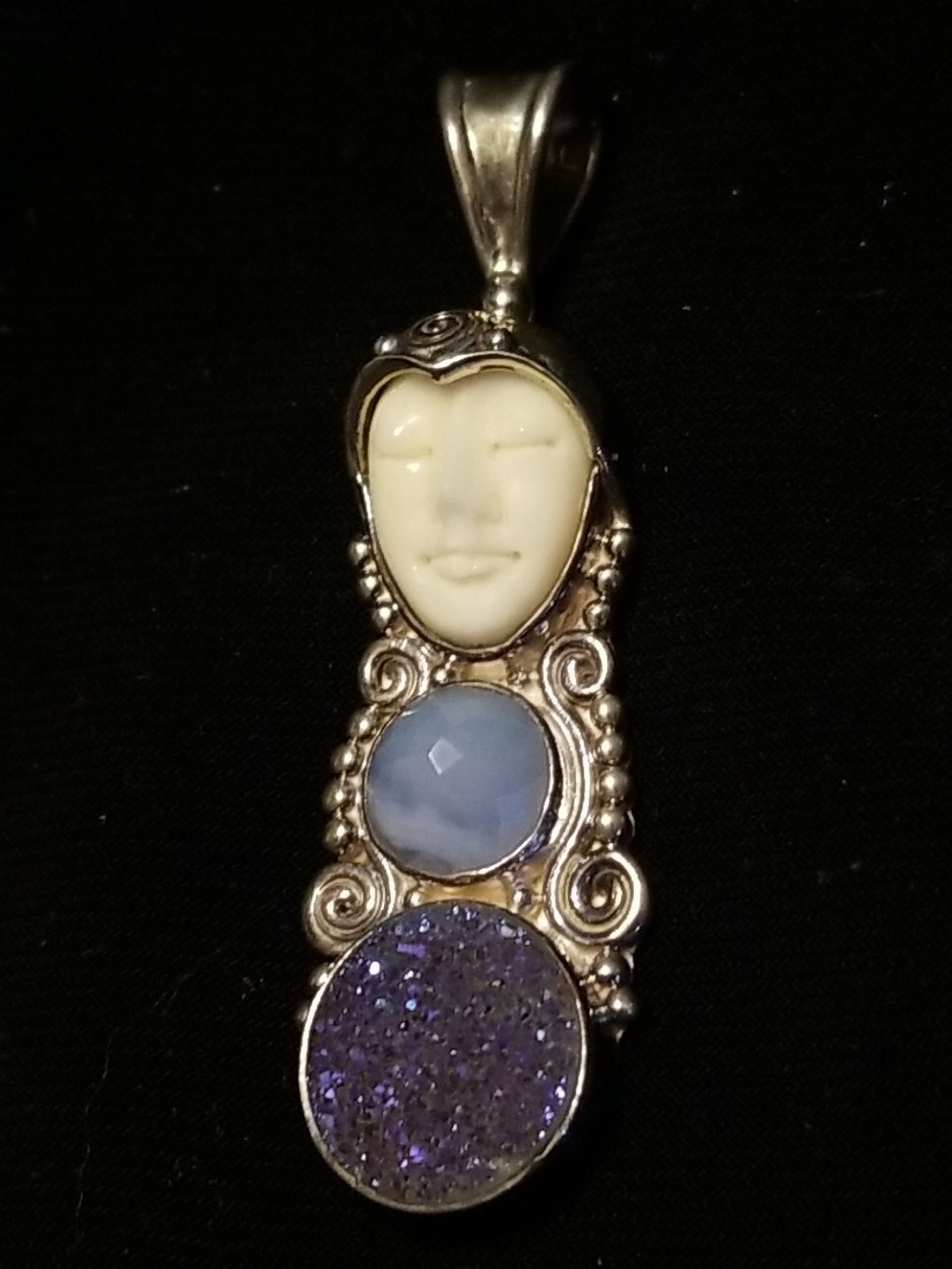 Sajen Silver Sleeping Goddess Pendant, Drusy, Gemstone, Bone, Sterling, 2 Inch