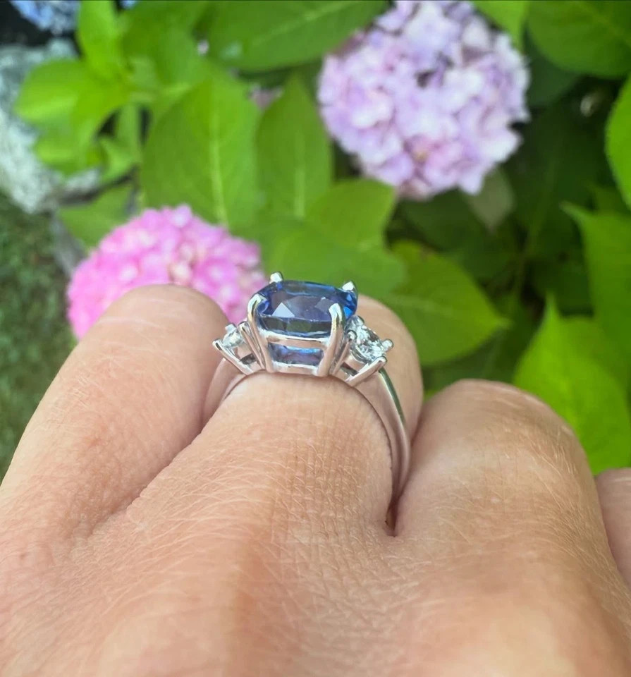 5.20Ct Cushion Cut Natural Sapphire Diamond Wedding Ring 14K White Gold 6 7 8 9