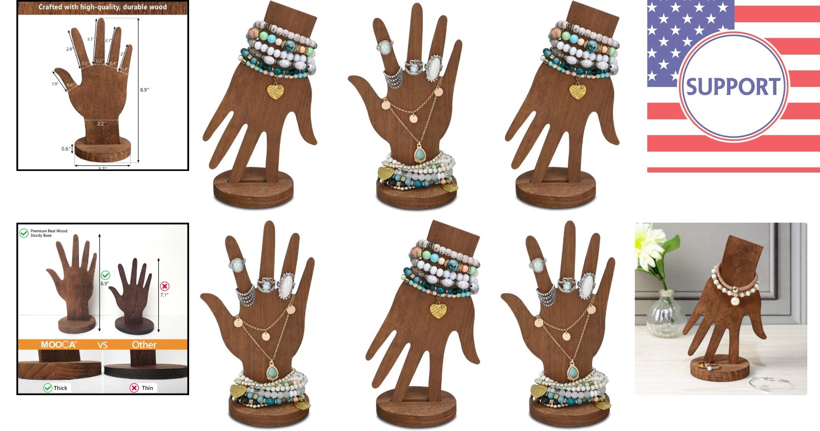 6-Piece Wood Jewelry Display Set – Wall Mount or Standalone Hands