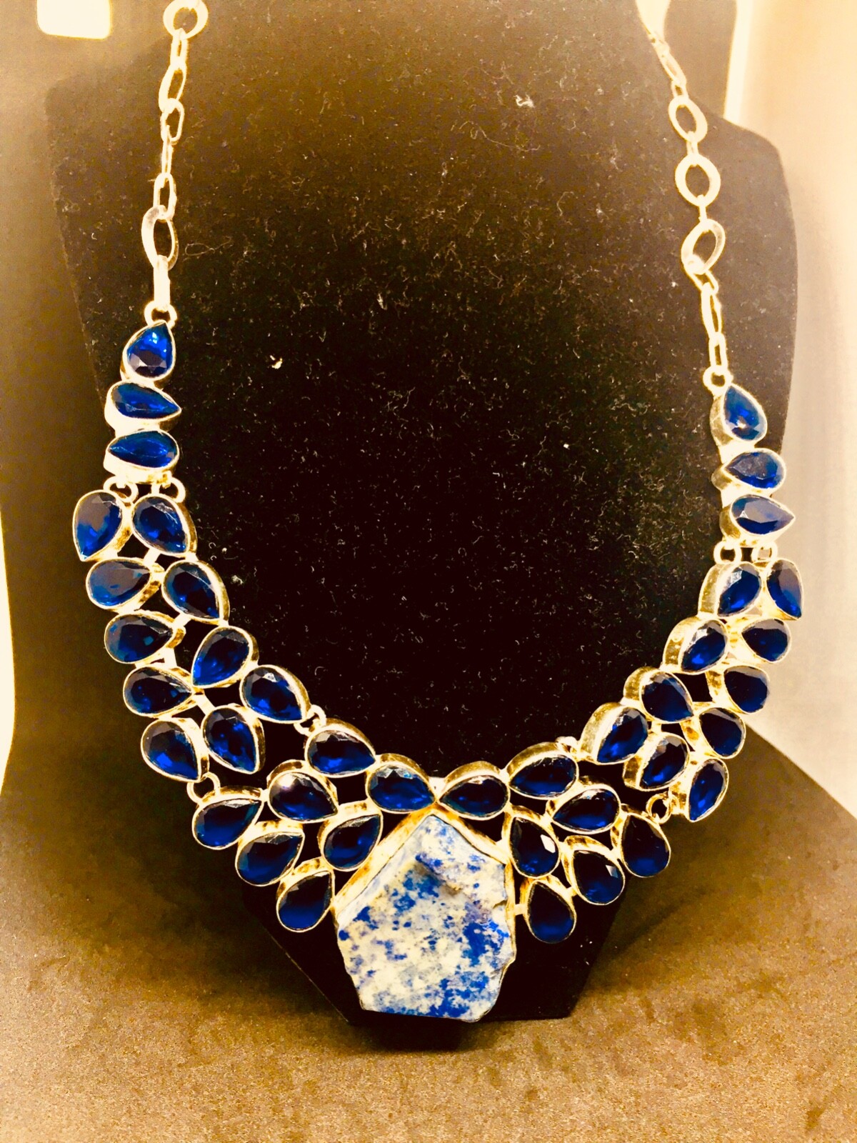 925 Sterling Silver Lapis Lazuli Blue Topaz Bib Statement Necklace Large Teardro
