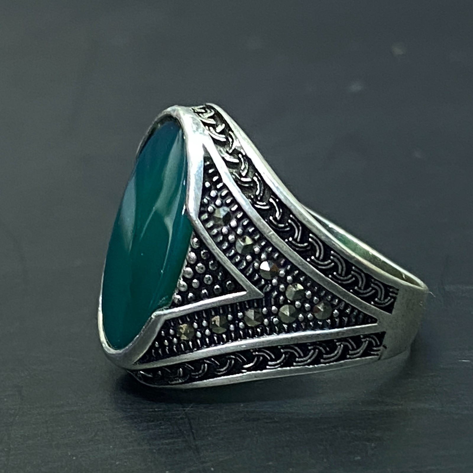 AAA 925 sterling silver ring natural flate green agate aqeeq akik stone all size