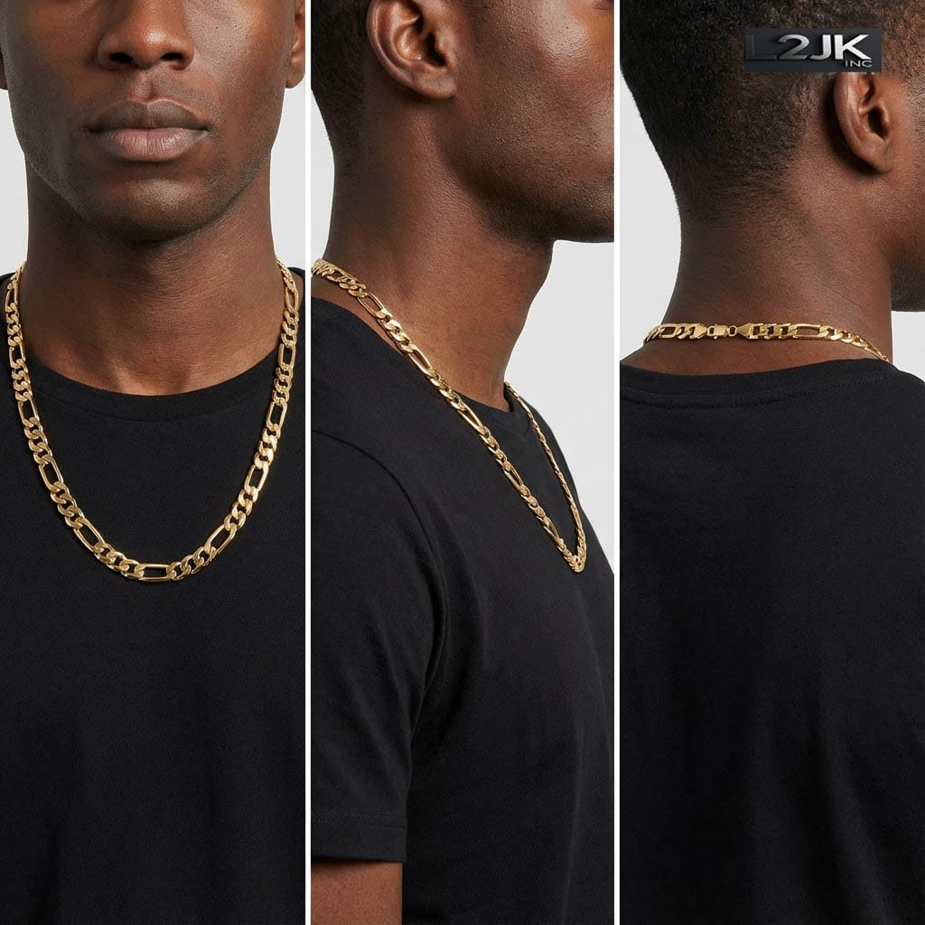 Italy Figaro Chain Link 14K Gold Plated 8mm 24″ Hip Hop Fashion For Men’ & Women
