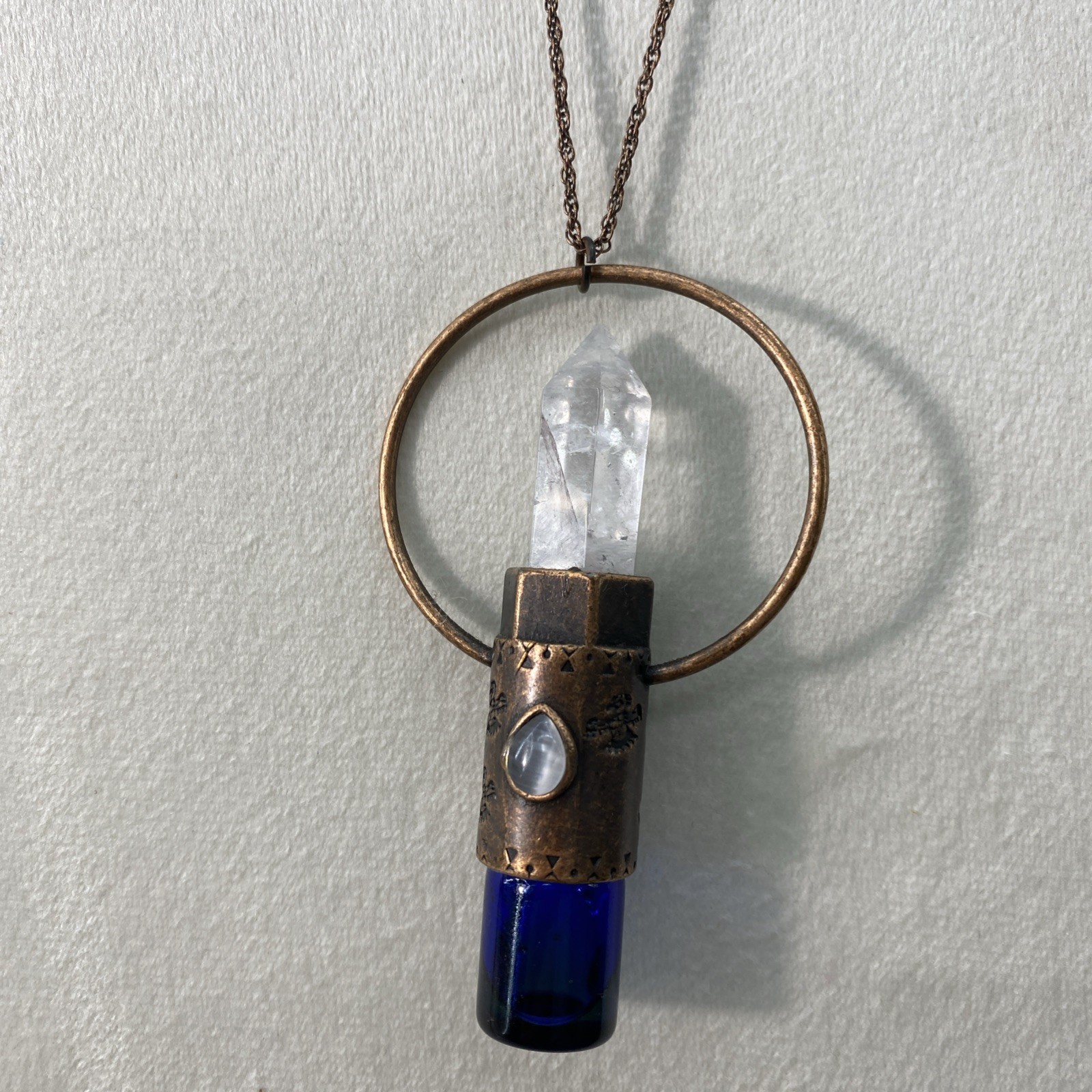 Quartz Crystal Copper Aztec Eagle Necklace 10-13” Essential Oil Rollerball Vial