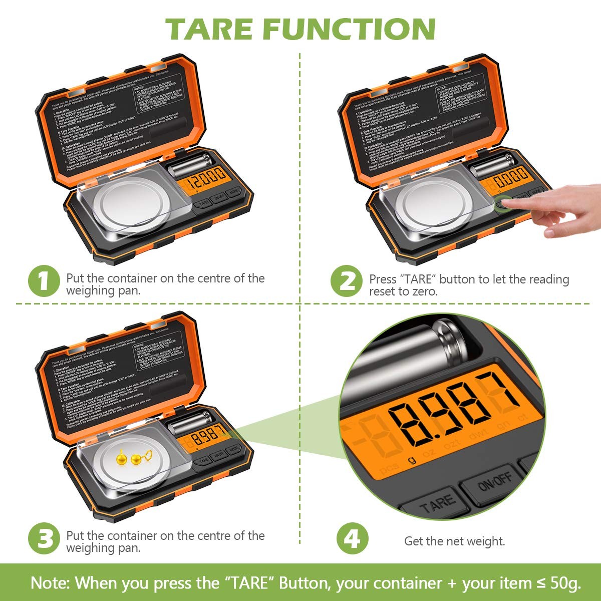 High Precision Orange Digital Jewelry Scale 50g Compact Portable Tare Function