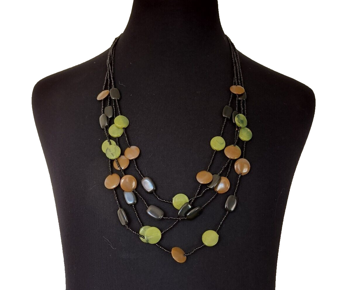 Women’s Necklace Beaded Multistrand Black Brown Green Black Discs Vintage