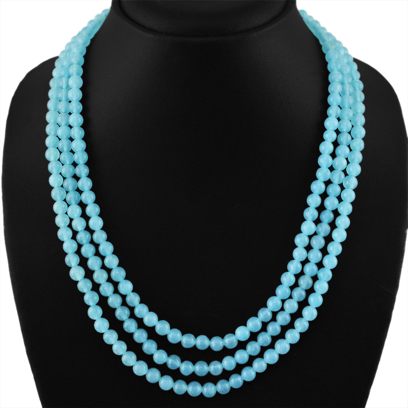365.00 CTS NATURAL 3 STRAND RICH BLUE CHALCEDONY ROUND SHAPE BEADS NECKLACE