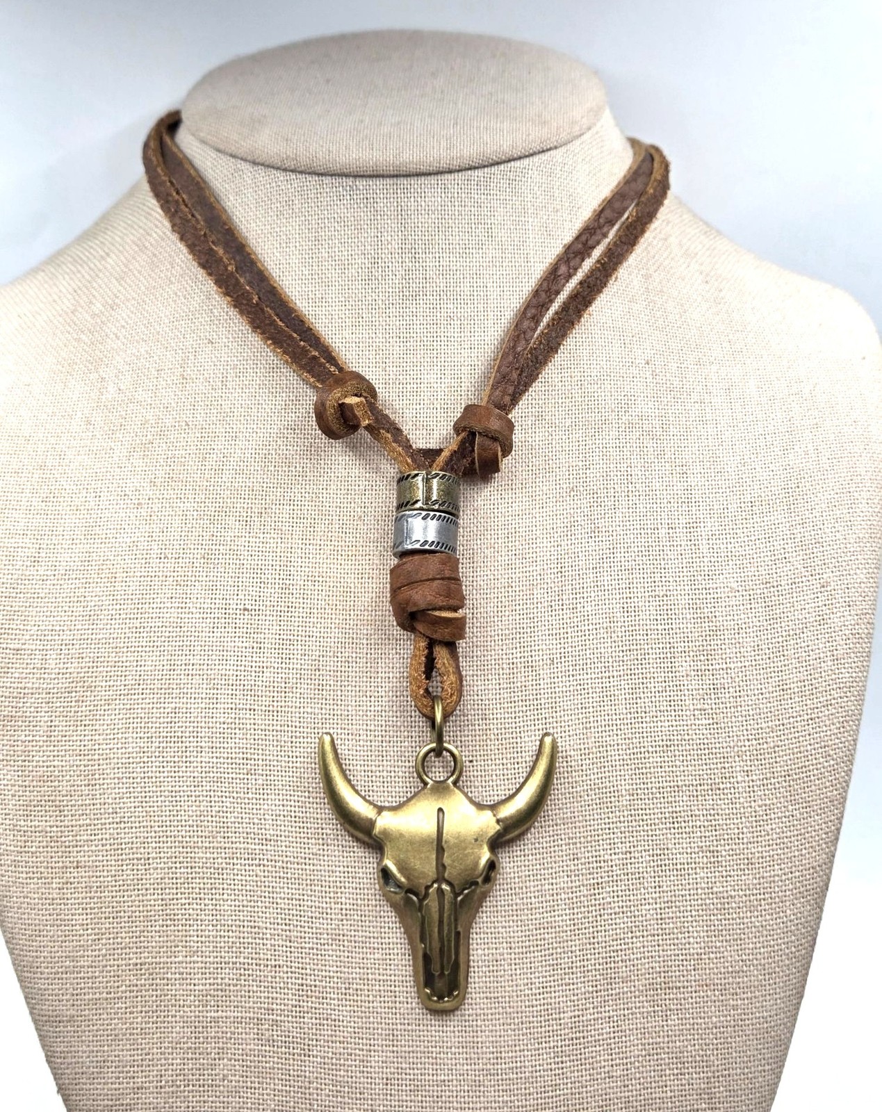 Vintage-Style Leather Necklace With Brass Bull Skull Pendant & Adjustable Brown