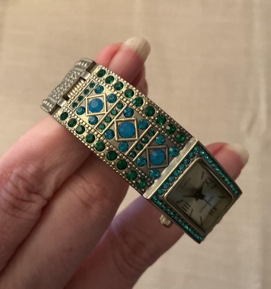 Heidi Daus Double Trouble Bangle Watch Bracelet Set Blue Green Crystals New
