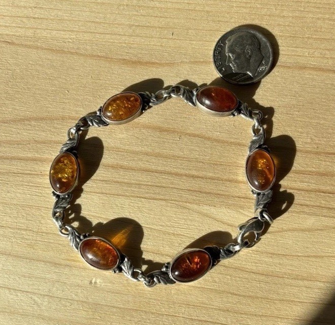 Vtg 925 Sterling Oval Cognac Amber Stones Link Leaf Chain Bracelet 7 Inches 10g