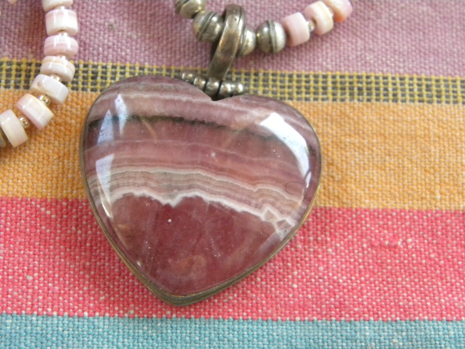 RHODOCHROSITE SIGNED STERLING HEART PENDANT QUEEN CONCH NECKLACE 20″