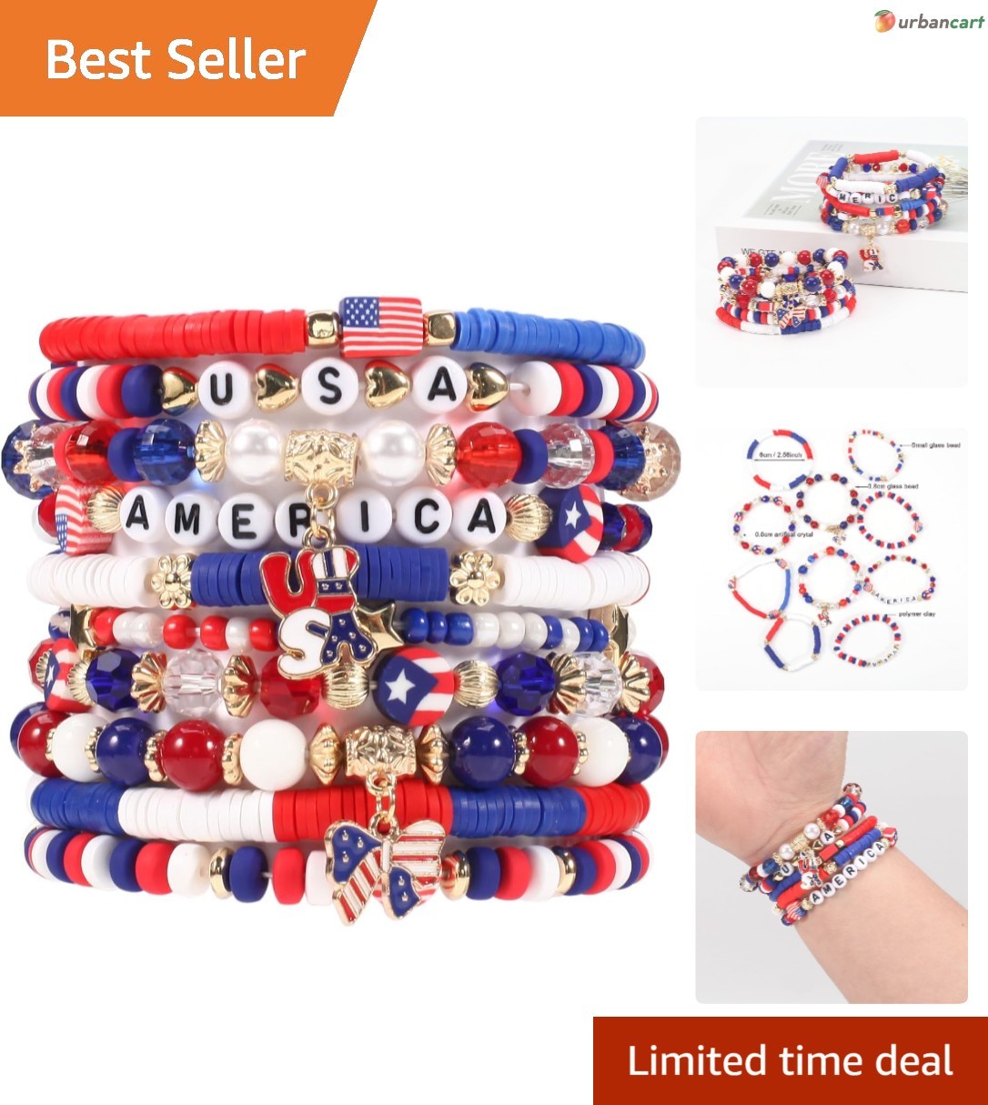 Patriotic Boho Colorful Beads & Charm Bracelets – 10 Pack