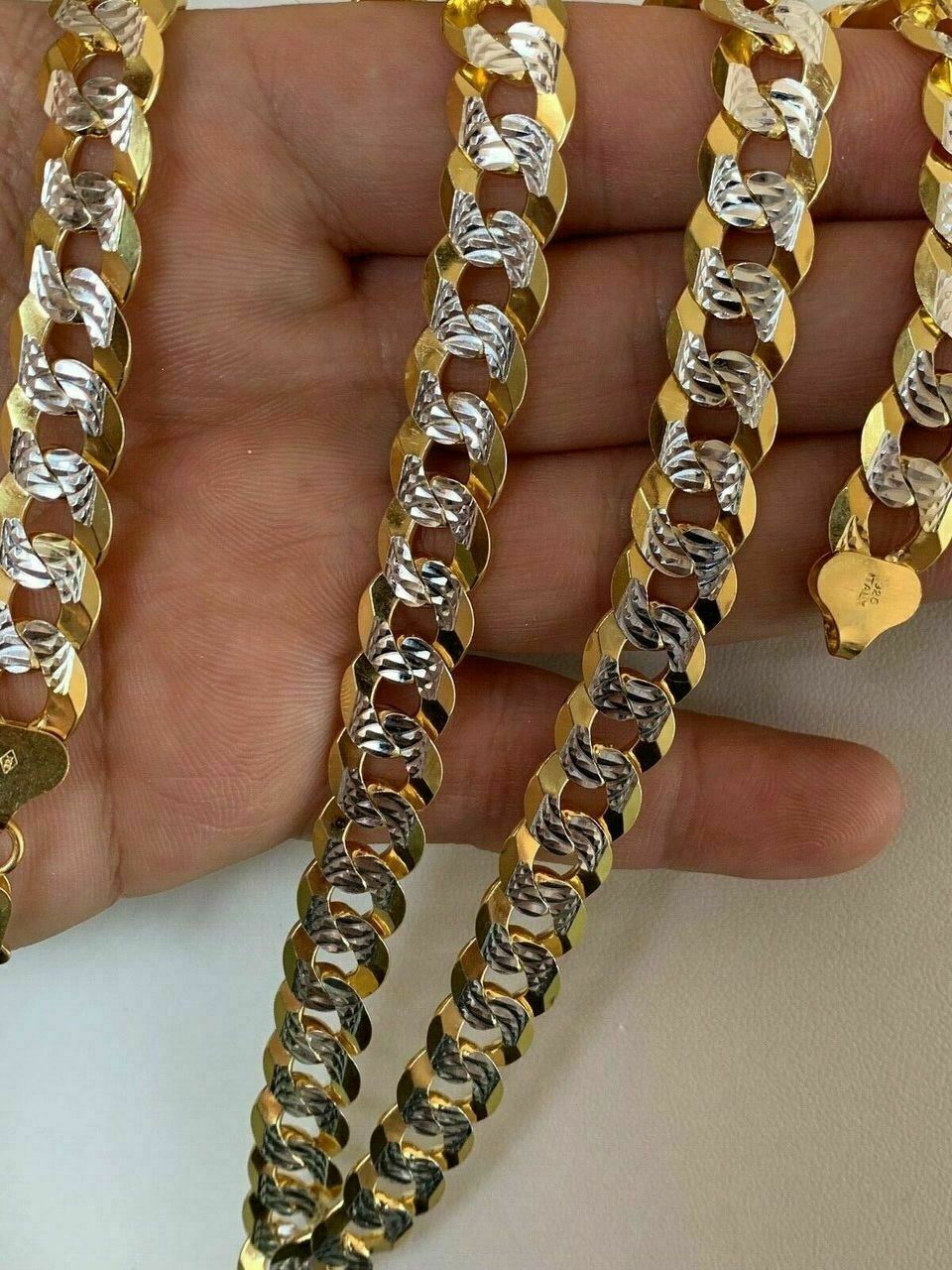 Mens Diamond Cut 11mm Miami Cuban Chain 14k Gold Plated Solid 925 Silver TwoTone