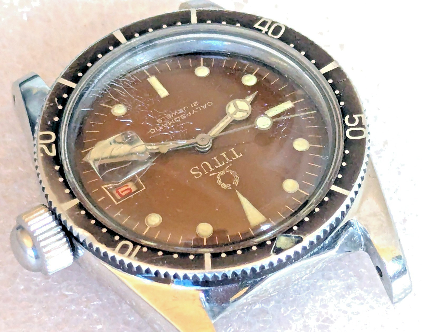 Vintage Titus Calypsomatic 7085 RARE Brown Dial Big Crown Model Caliber ETA 2472