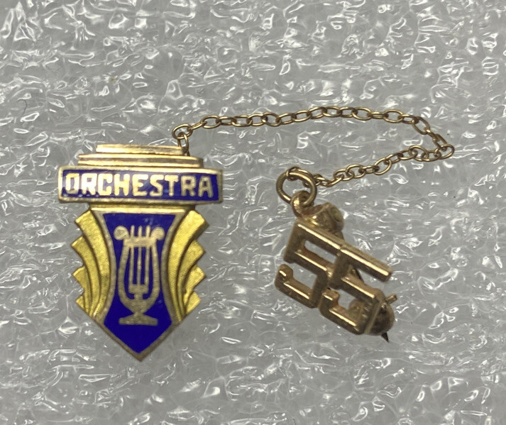 Vintage 1955 Stamped 1/10 10KT Gold & Blue Pin Lyre Orchestra Music Award vg