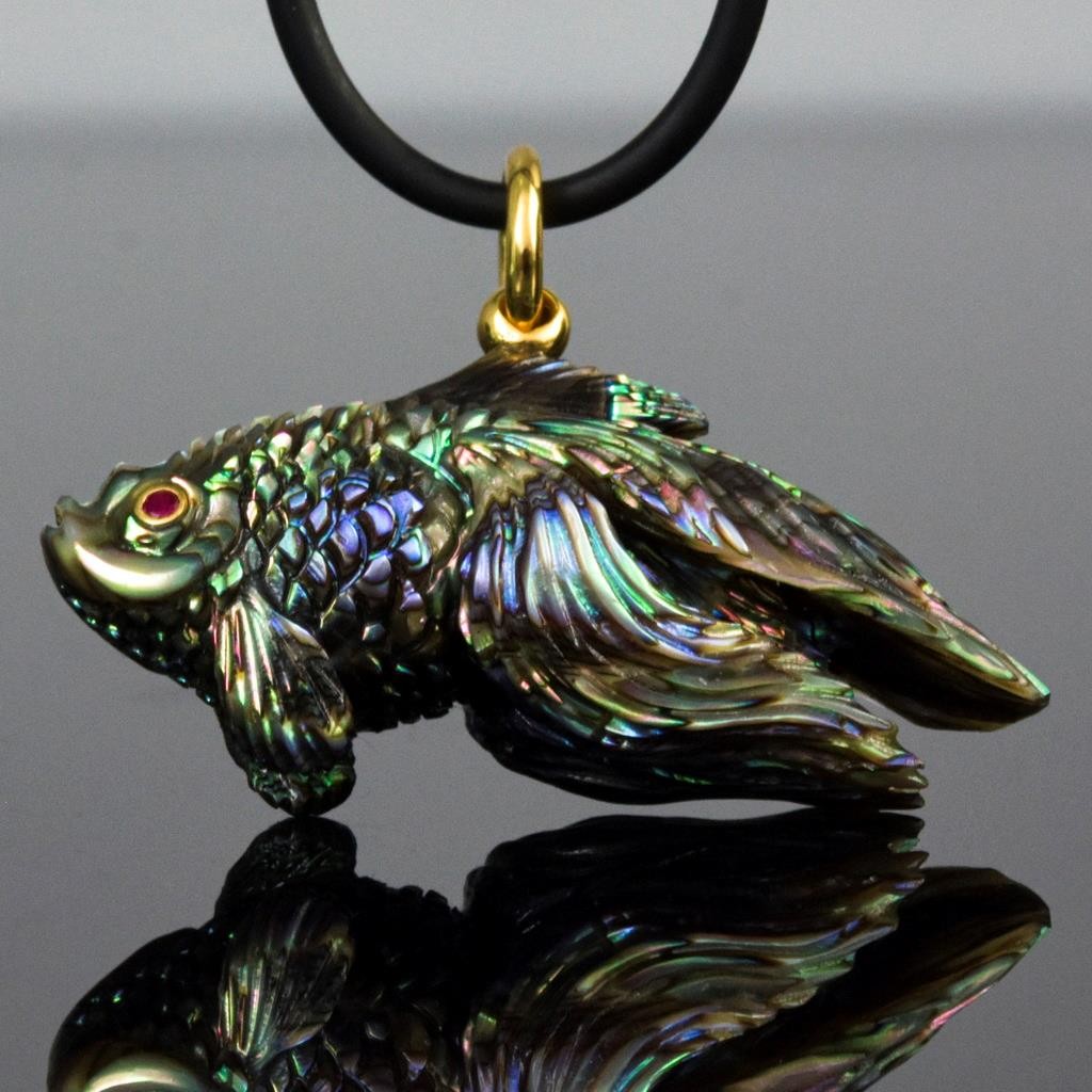Gold Fish Pendant Carved Abalone Shell Gold Vermeil Sterling Silver Ruby 9.71g