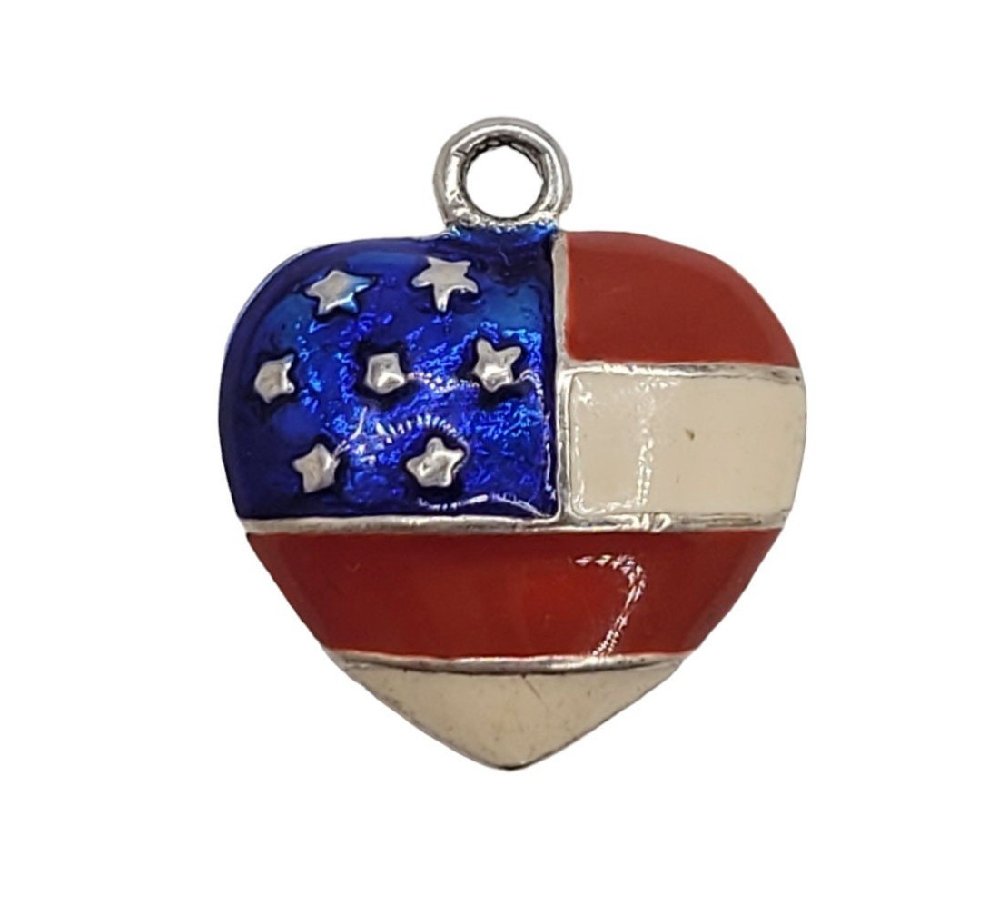 Vintage Sterling Silver Puffy Heart Enamel American Flag Bracelet Charm
