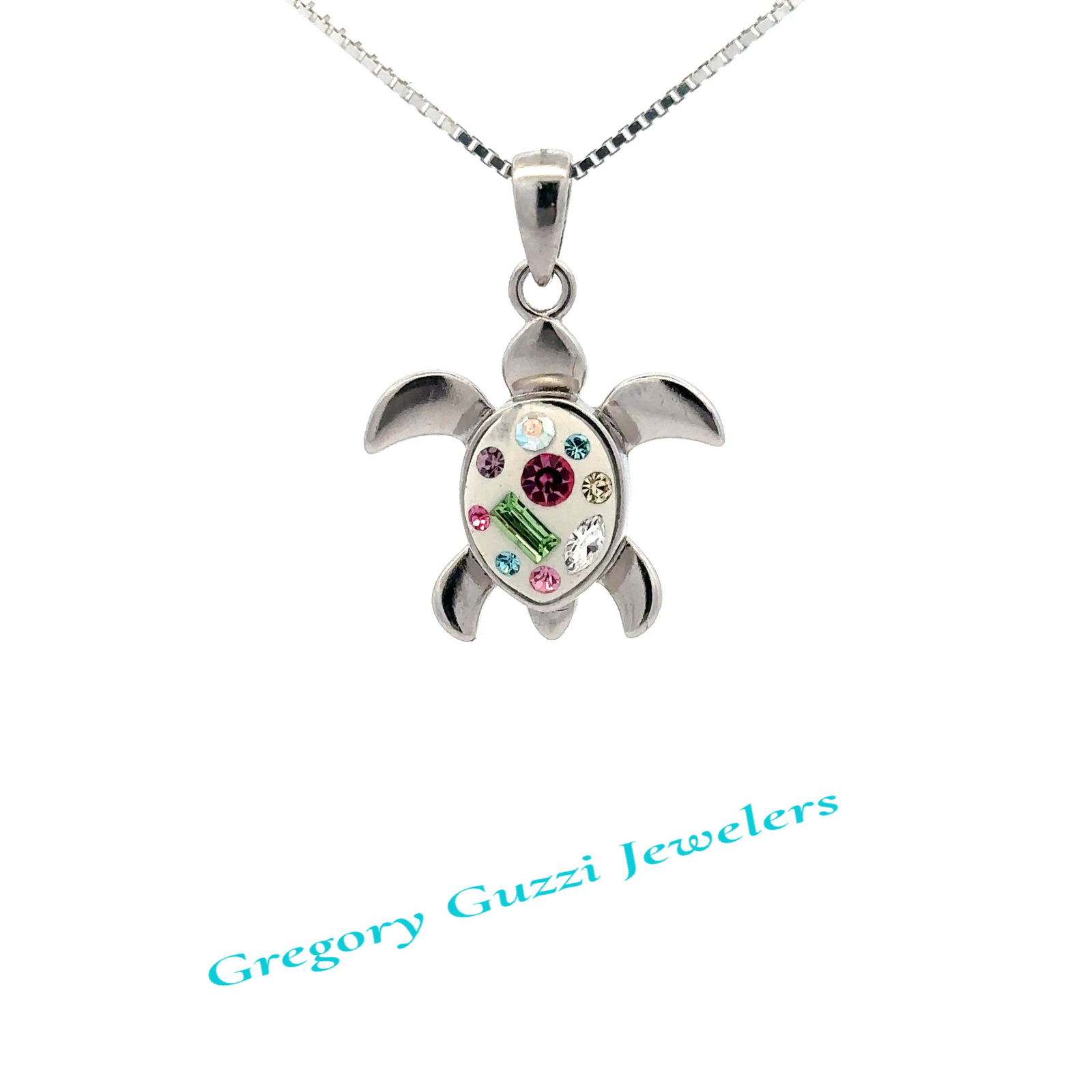 Sterling Silver Turtle Pendant With Crystals (21 x 28 mm)