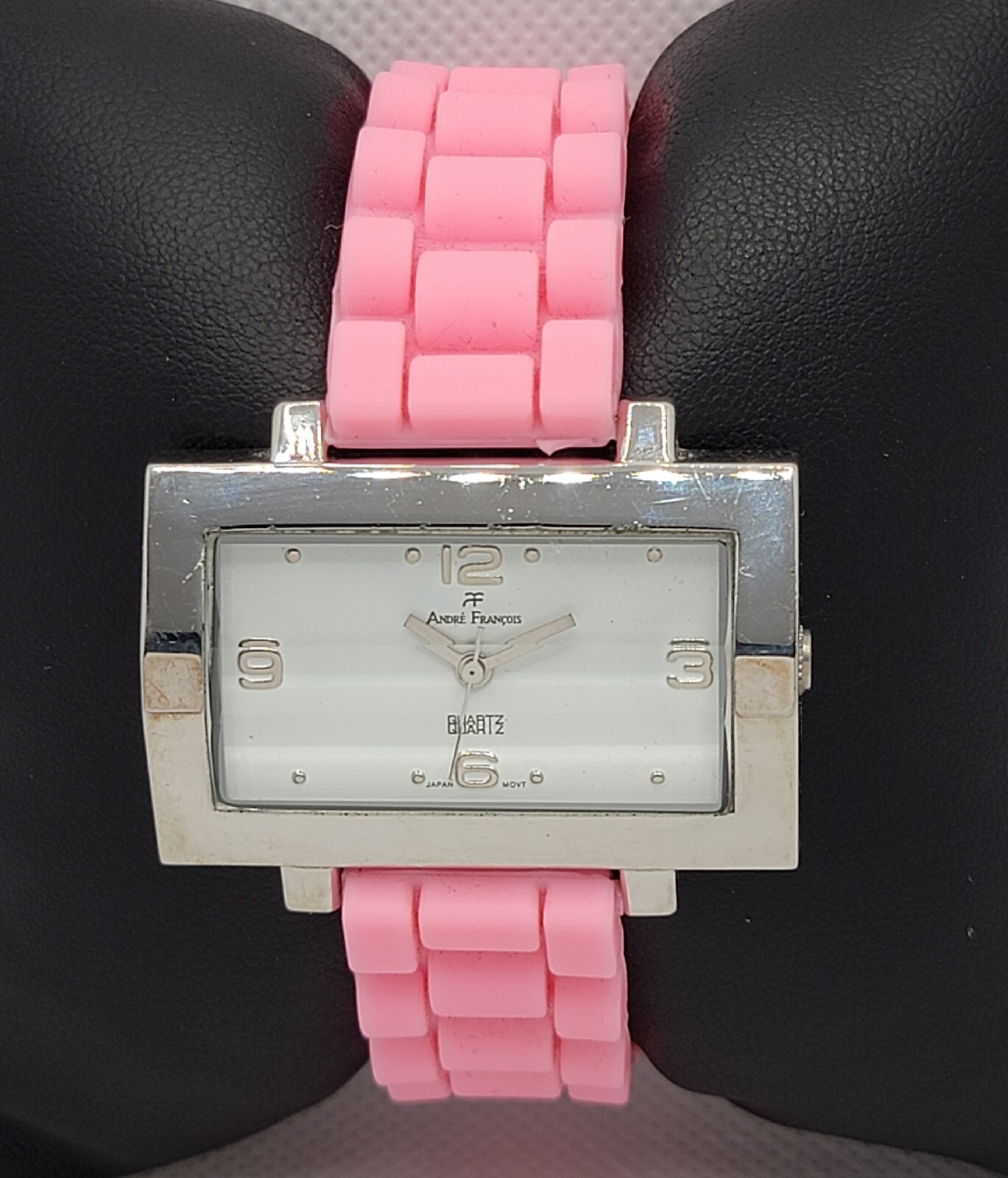 Ladies Andre Francois Rectangle Silver Tone Pink Rubber Band Analog Watch I5