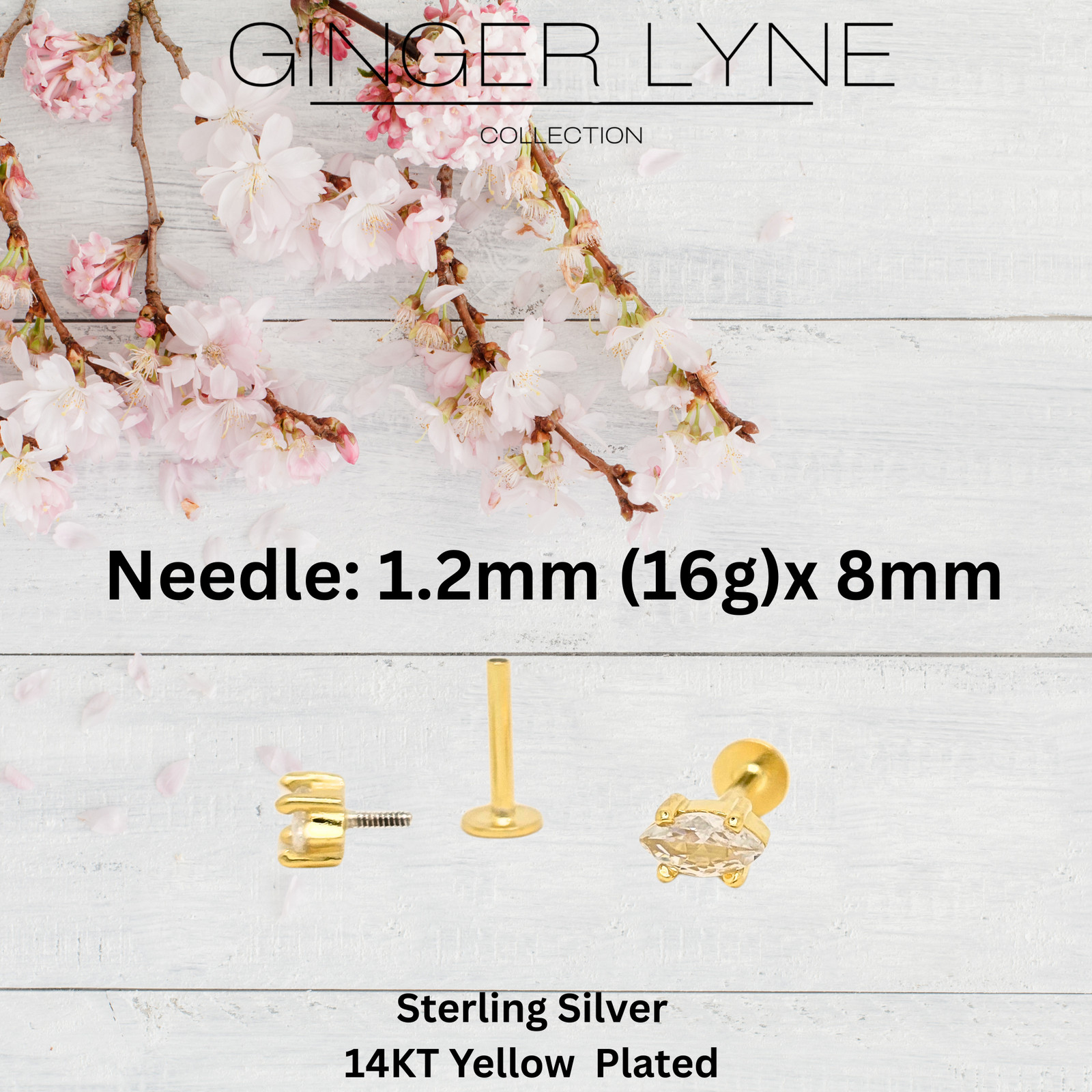 Marquise CZ Flat Back Earrings for Cartilage Helix Tragus Lobe 14Kt Gold Plat…