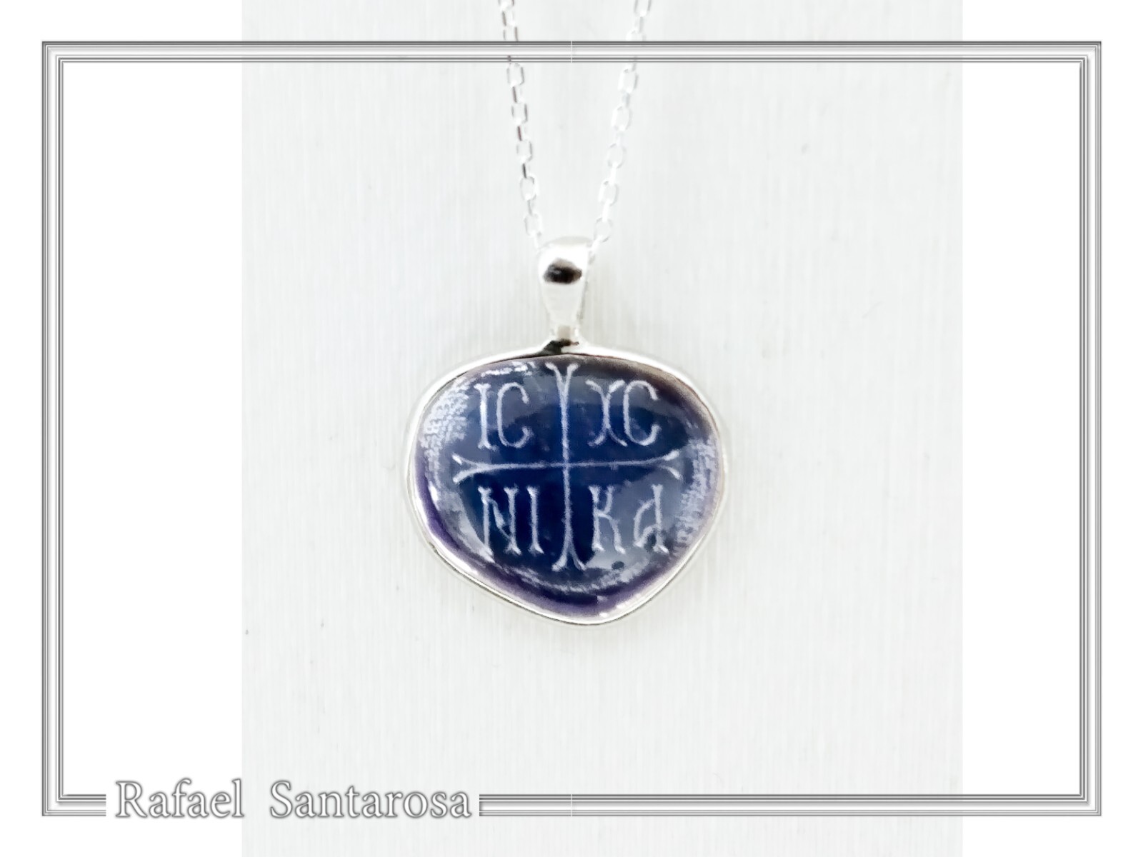 Protection cross coinshape Jesus Christ Wins silver enamel talisman charm