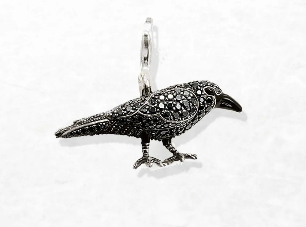 925 Silver Raven Charm Black Spinel Crow Pendant Bird Jewelry Lobster Lock