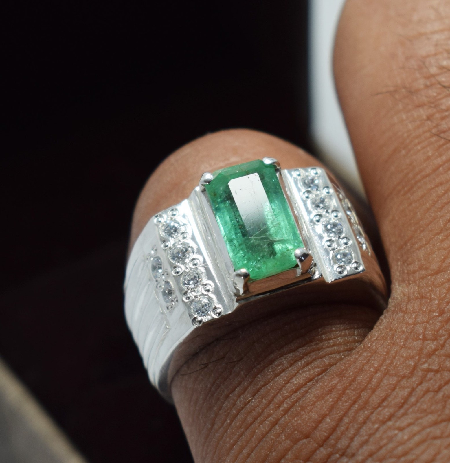 Emerald Ring: Natural Esmeralda, Sterling Silver & Zircon