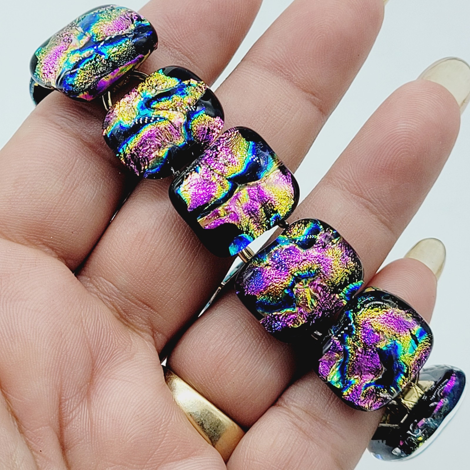 Dichroic Glass 6.25″ Bracelet Statement Unique Black Pink Blue Purple Gold