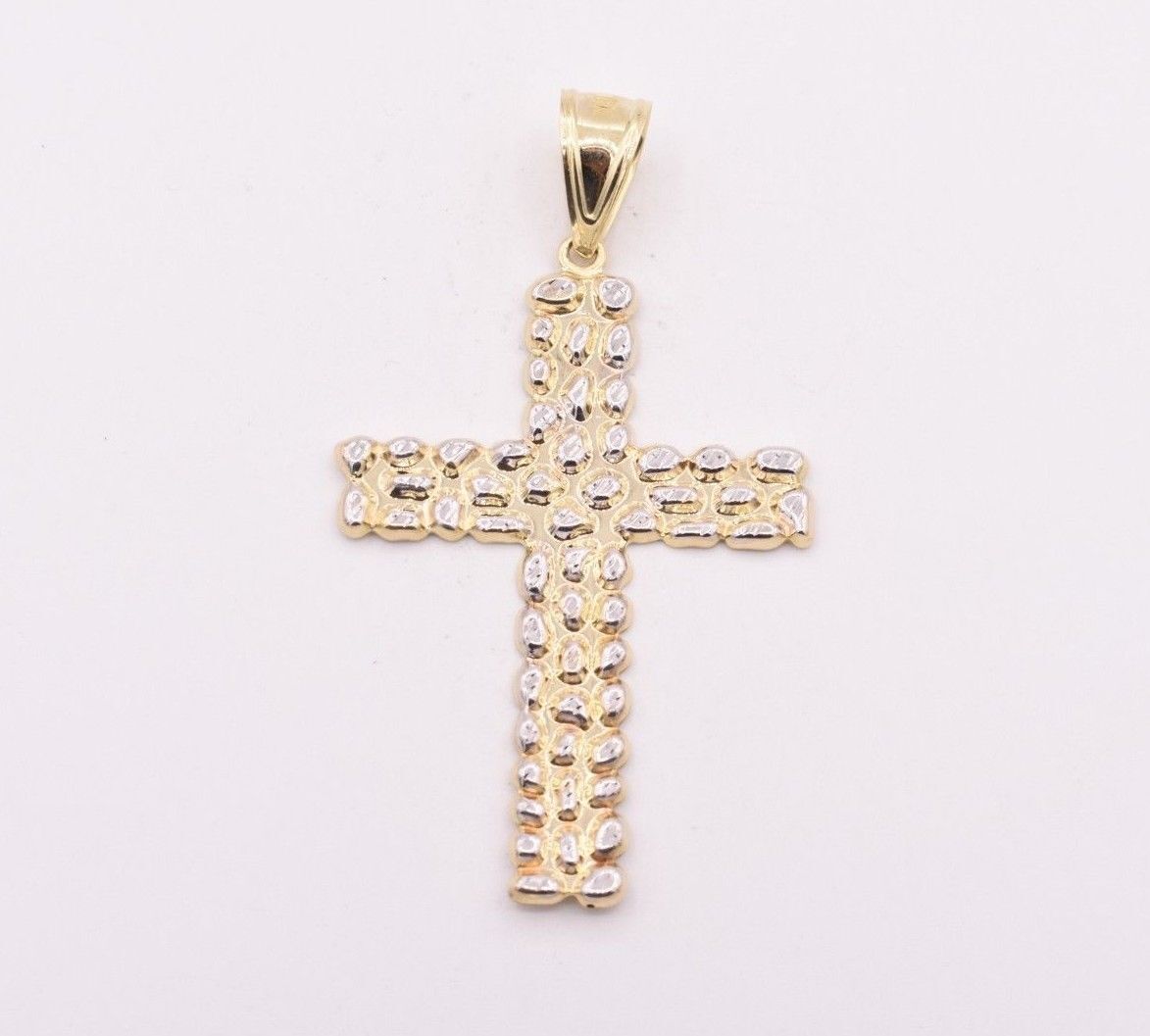 2 3/4″ Big Nugget Textured Cross Pendant Charm Real 10K Yellow White Gold