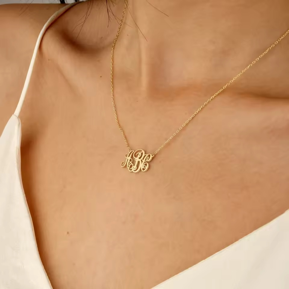 Custom Monogram Necklace Name Initials Pendant Personalized Jewelry Gold Silver