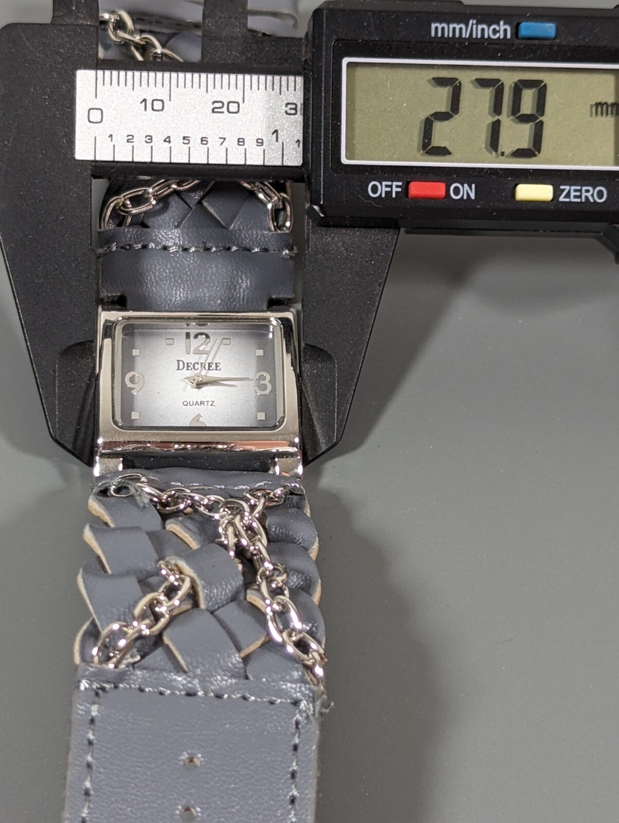 Decree Gray Dial Silver Tone Square Case Chain Faux Leather Band Watch 7.5 Inch