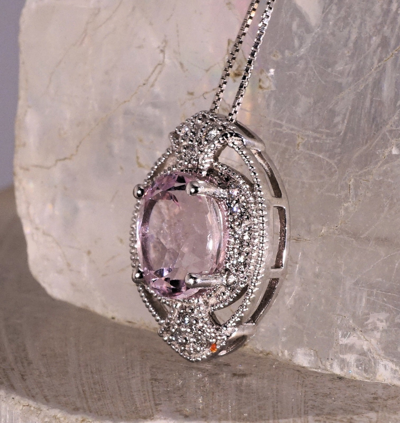 Natural Afghan Kunzite slide Pendant 14k Solid White Gold 2.66ct With Diamonds