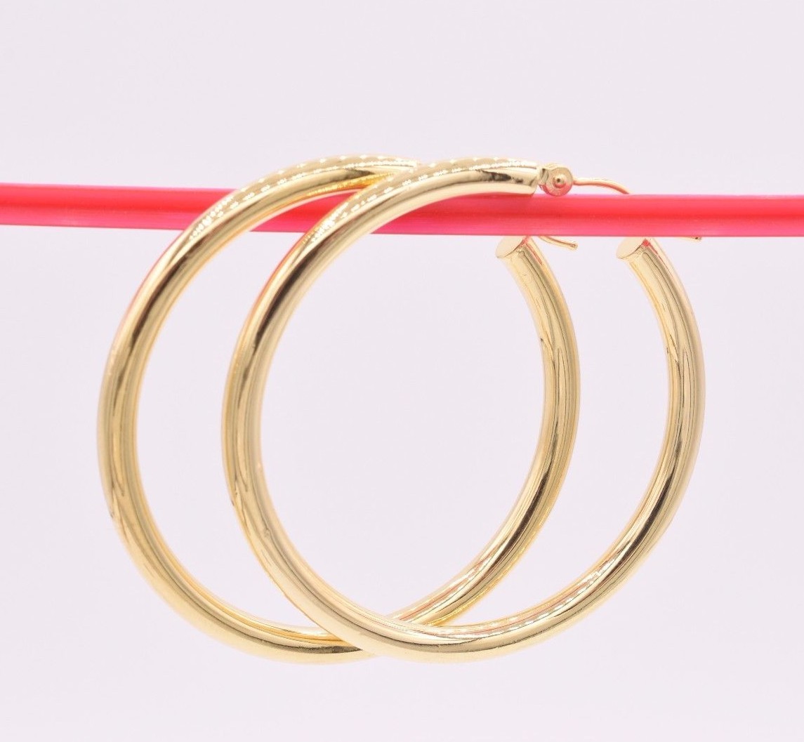 1 1/2″ 3mm X 40mm Plain All Polished Shiny Hoop Earrings REAL 14K Yellow Gold