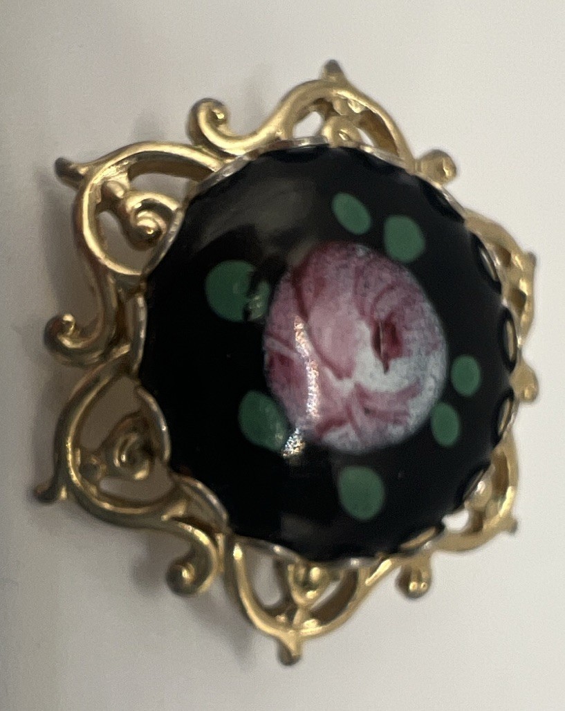 Pink Black Green Guilloche Enamel Painted Flower Gold Tone Metal Brooch Vintage