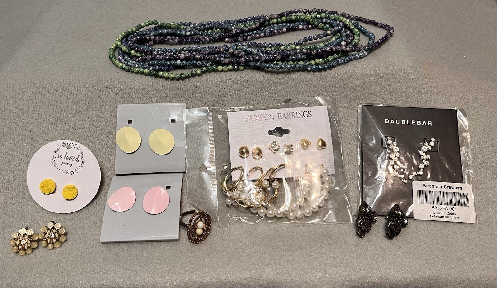 Costume Jewelry 10+ Lot: Pierced Earrings One Ring, Necklaces, New & Preloved,