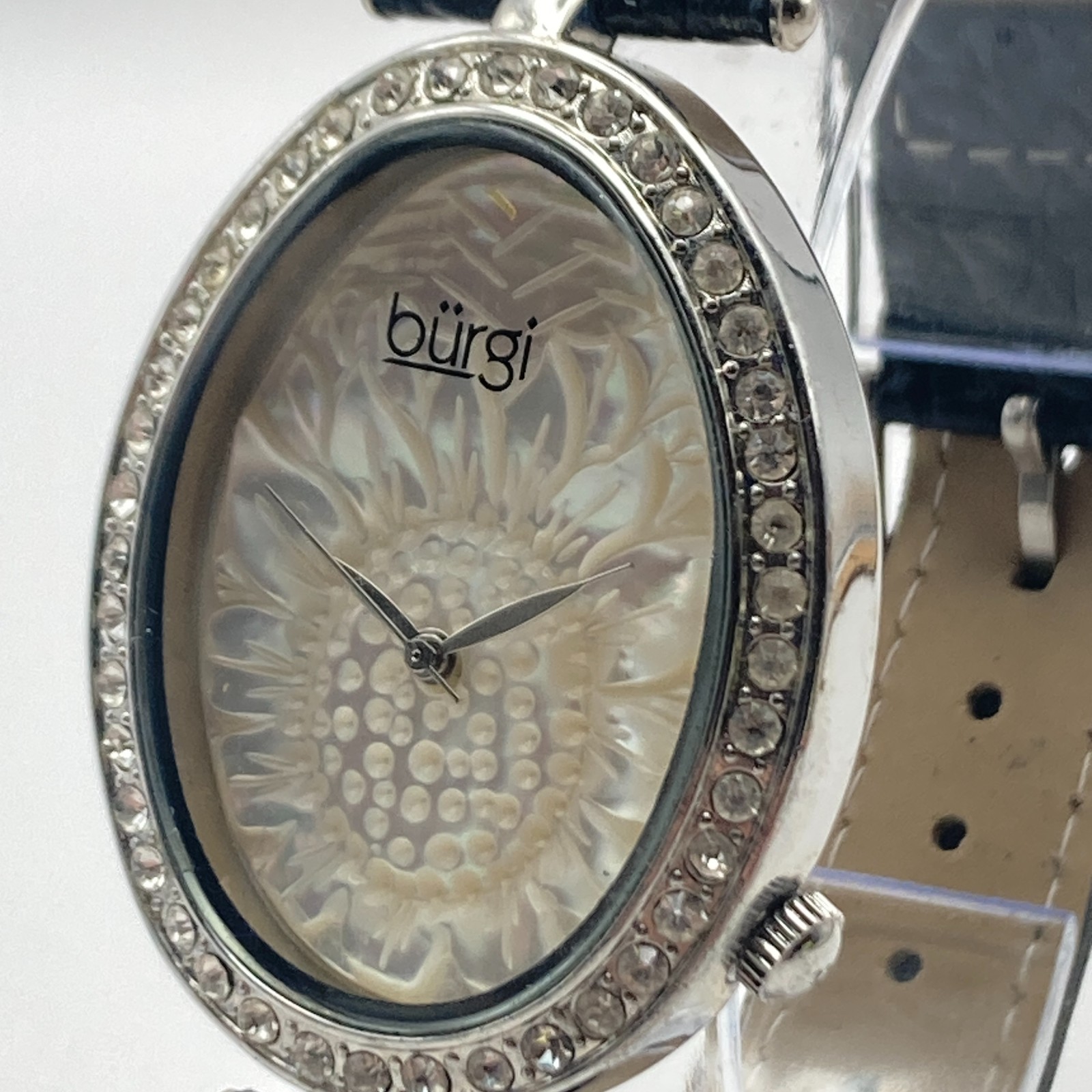 Burgi Women’s Watch Silver Tone Crystals Floral Dial 33mm Oval New Battery 8.75″