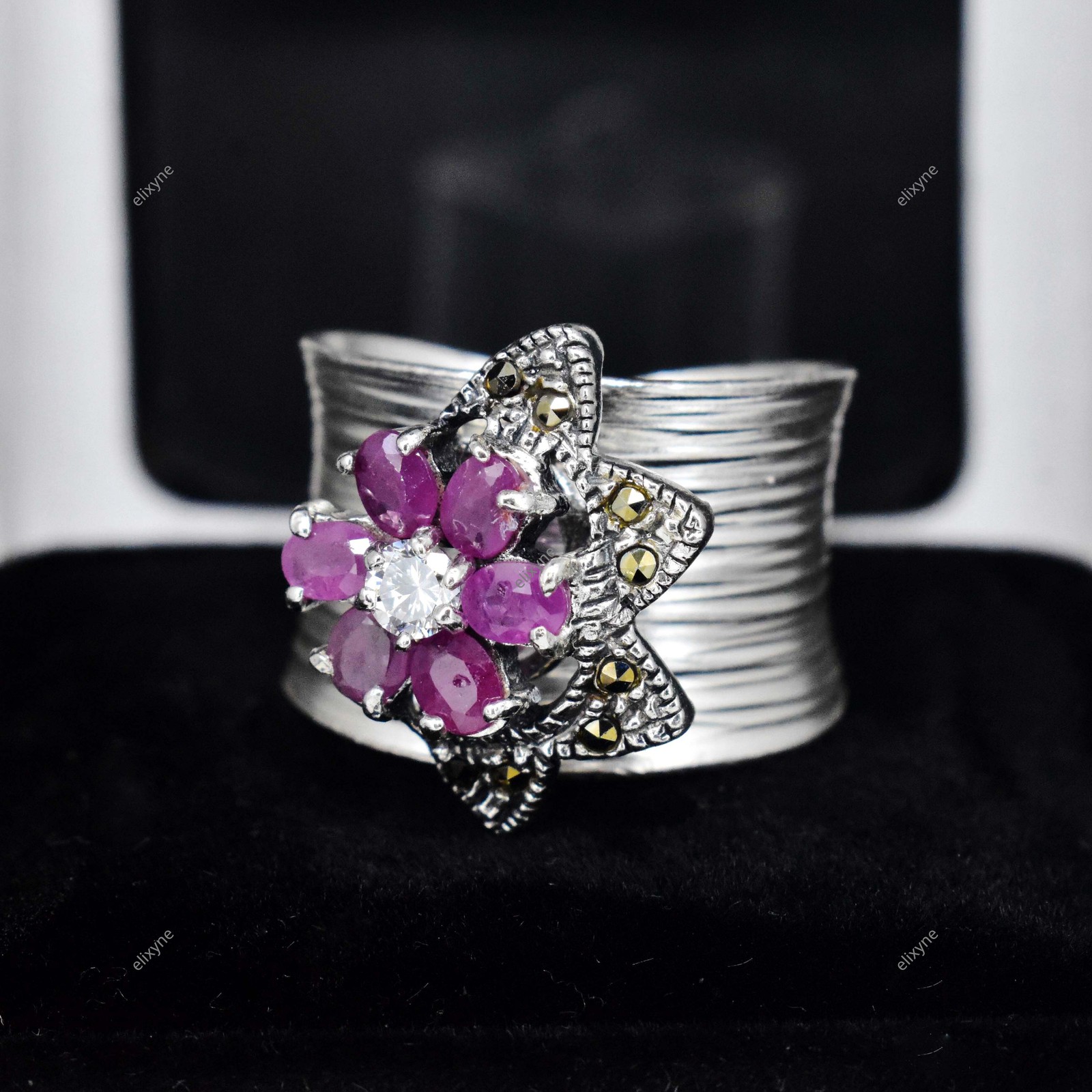 925 Sterling Silver Unheated Natural Ruby & Marcasite Adjustable Ring 7.69 GM