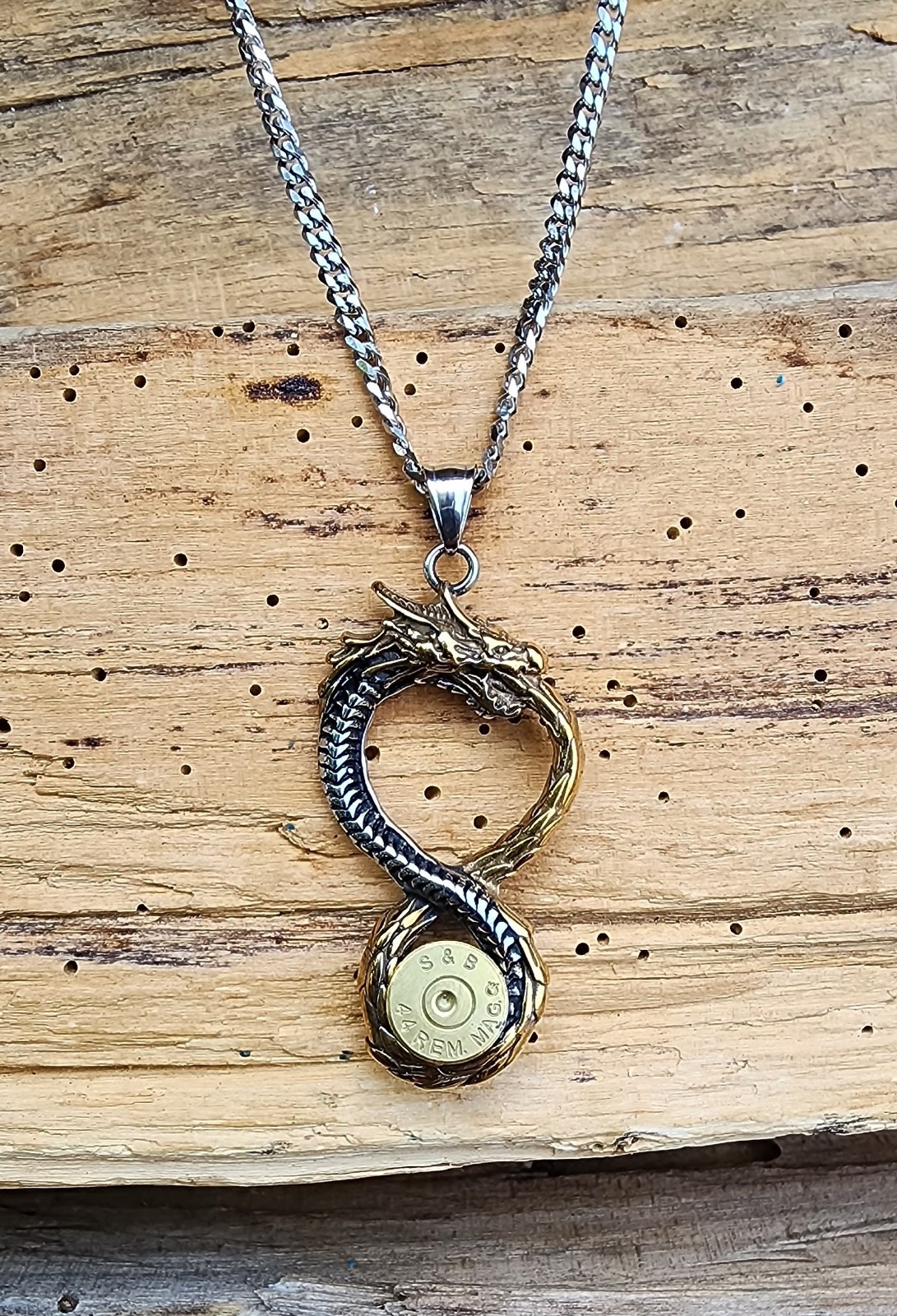 Lg Silver and Gold Stainless Dragon Bullet Necklace. 44 Mag. Optional Crystal.