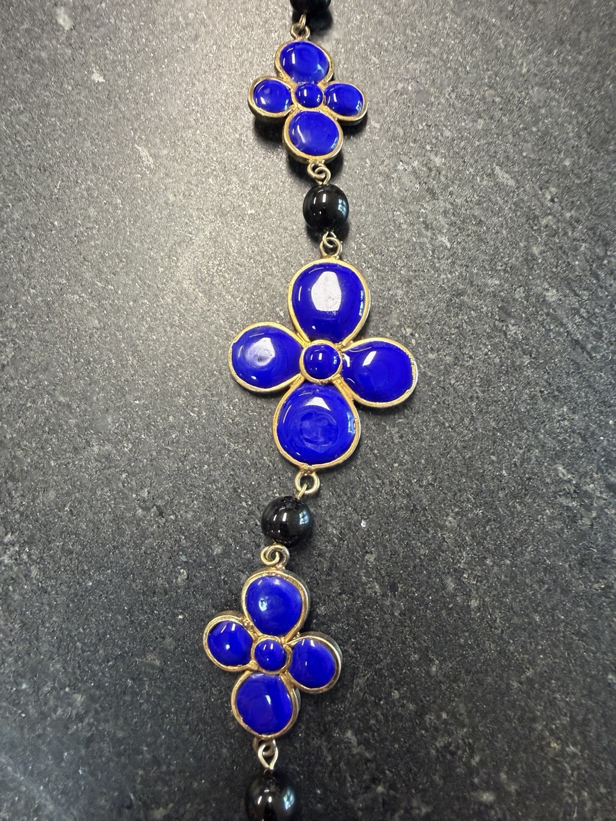 Vtg Françoise Montague Paris 46″ Long Sautoir Necklace Blue Clover Poured Glass