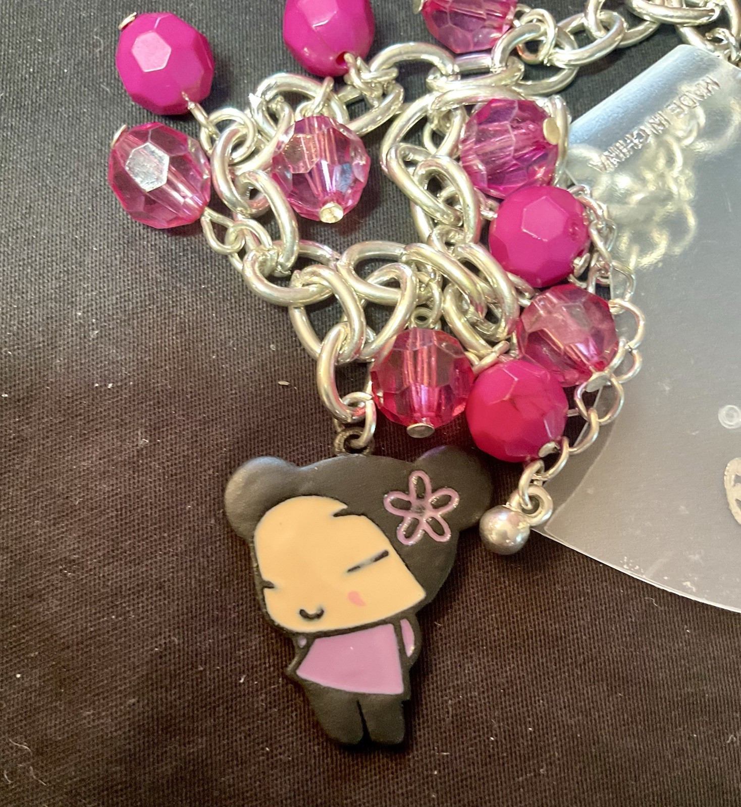 Pucca Anime Charm Bracelet Silver Tone Pink Faceted Beads Adjustable NEW Kawaii