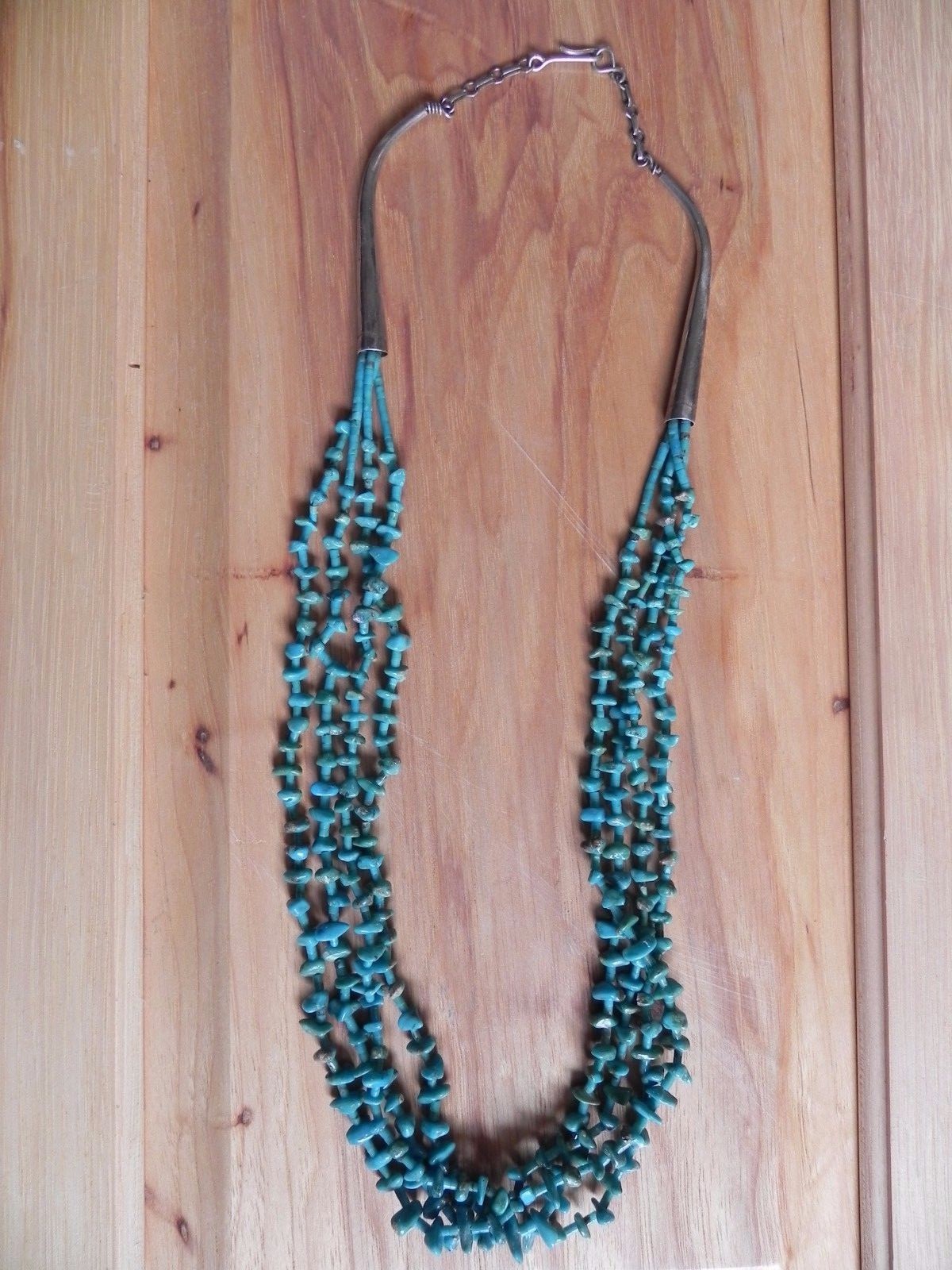 Turquoise & Sterling Silver Necklace 29 1/2″ signed P.T. Navajo