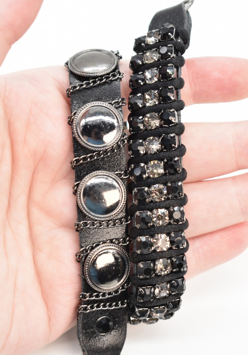 14″ Black Leather Enamel Button & Rhinestone Wrapped Choker Necklace Collar