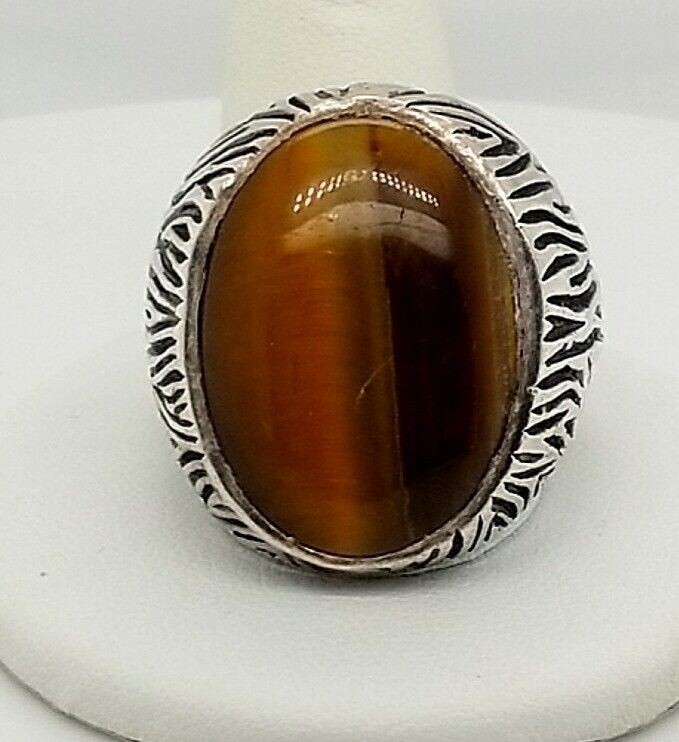 Oval Cut Tiger Eye Sterling Silver Antiqued Waves Ring, Size 12 1/2, 20.1 Grams