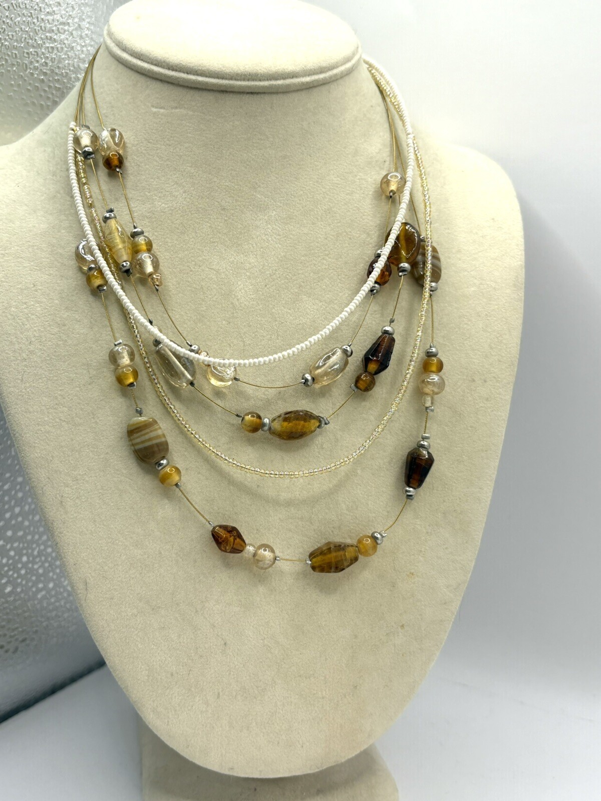 Shades Of Brown, Cream & Champagne Colored Beaded Layered Necklace