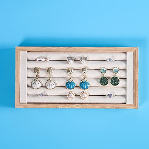 Bamboo Ring Display Holder Jewelry Storage Tray Organizer Ring Beige Velvet