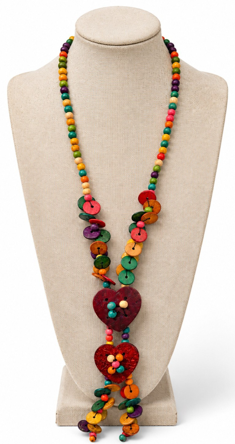 Boho Wooden Bead Necklace Coconut Shell Heart Pendant Handmade Hippie Jewelry