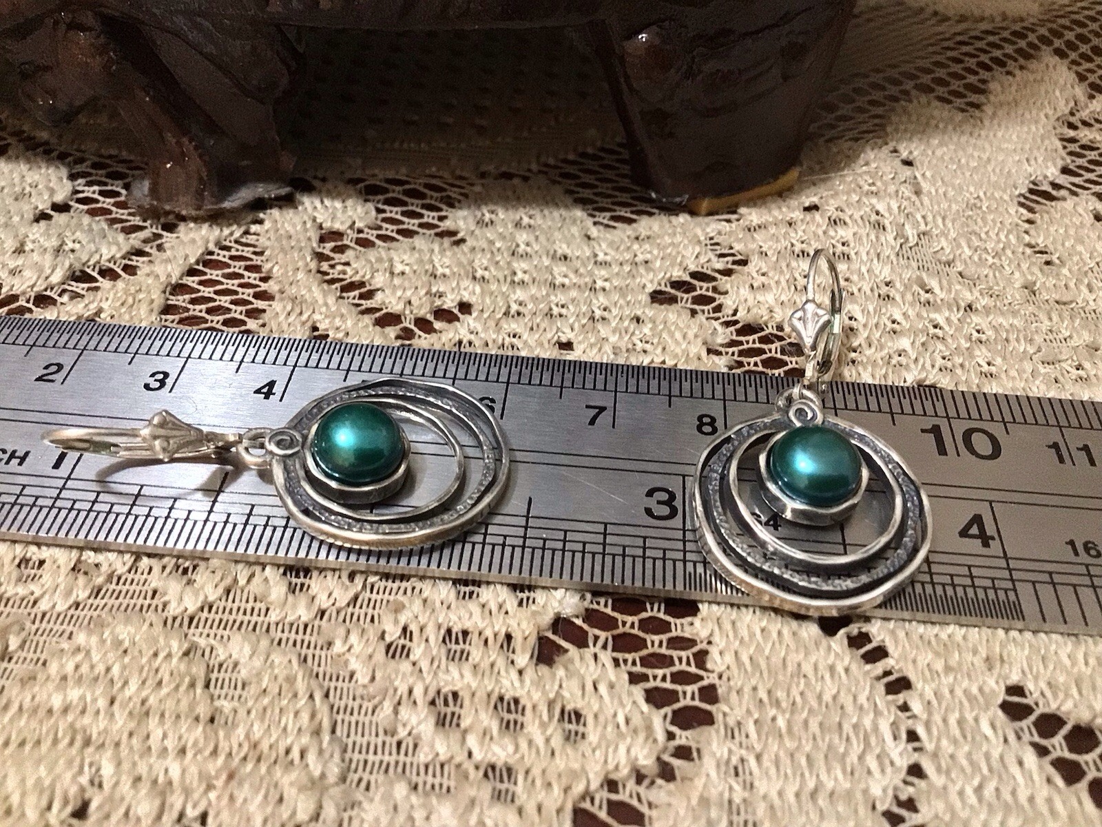 PZ ISRAEL 925 Sterling Silver Cultured Teal Pearl Triple-Circle Earrings 5g EUC