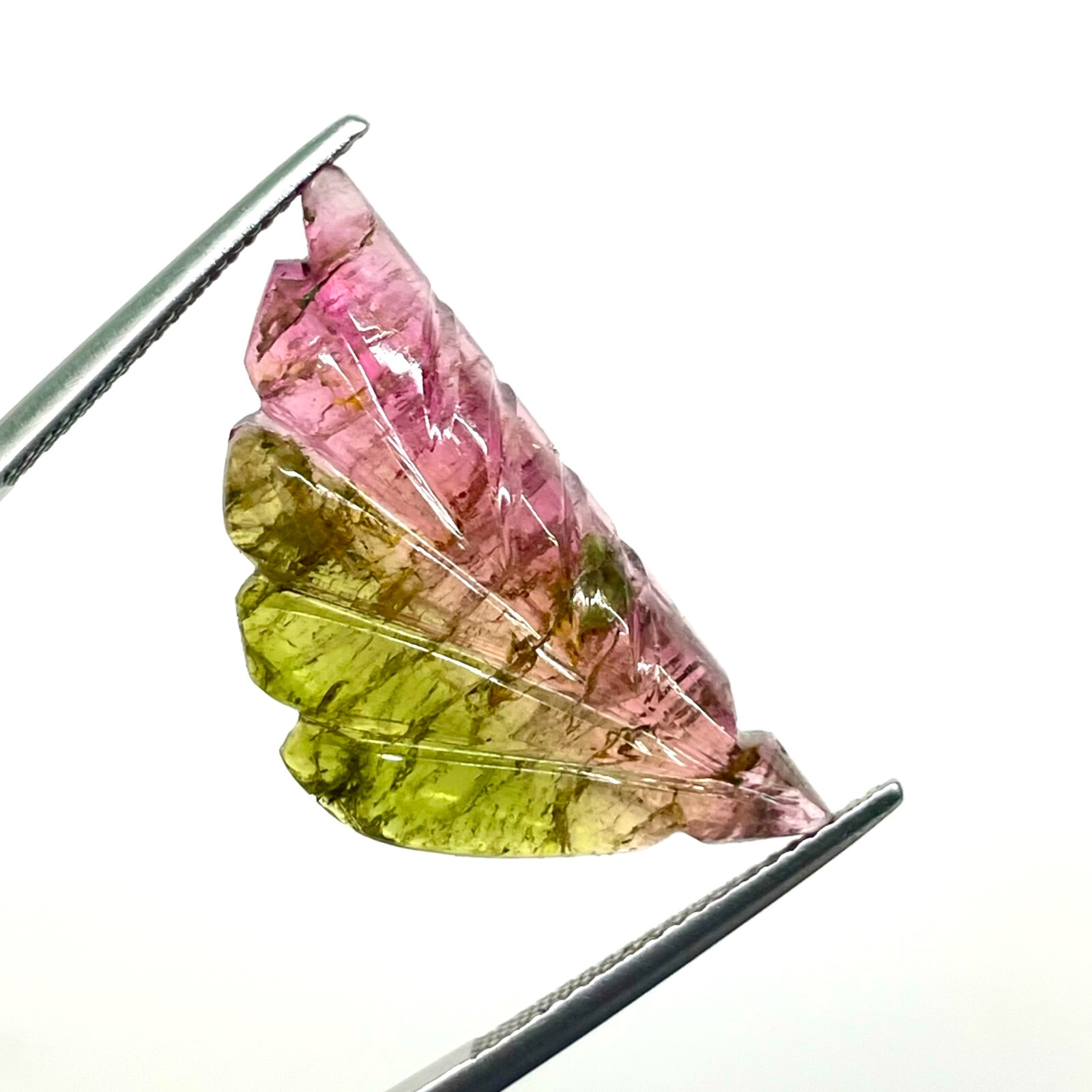 15.2 Cts Bi-Color Carved Natural Tourmaline Leaf Gemstone Pink Green for Jewelry