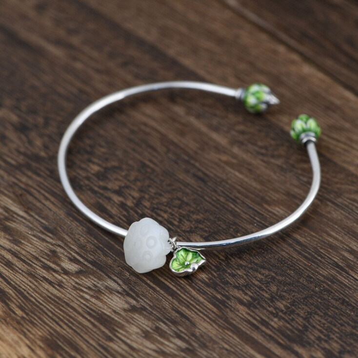 I05 Bangle Lotus Flower Leaf Bud Bright Jade Silver 925